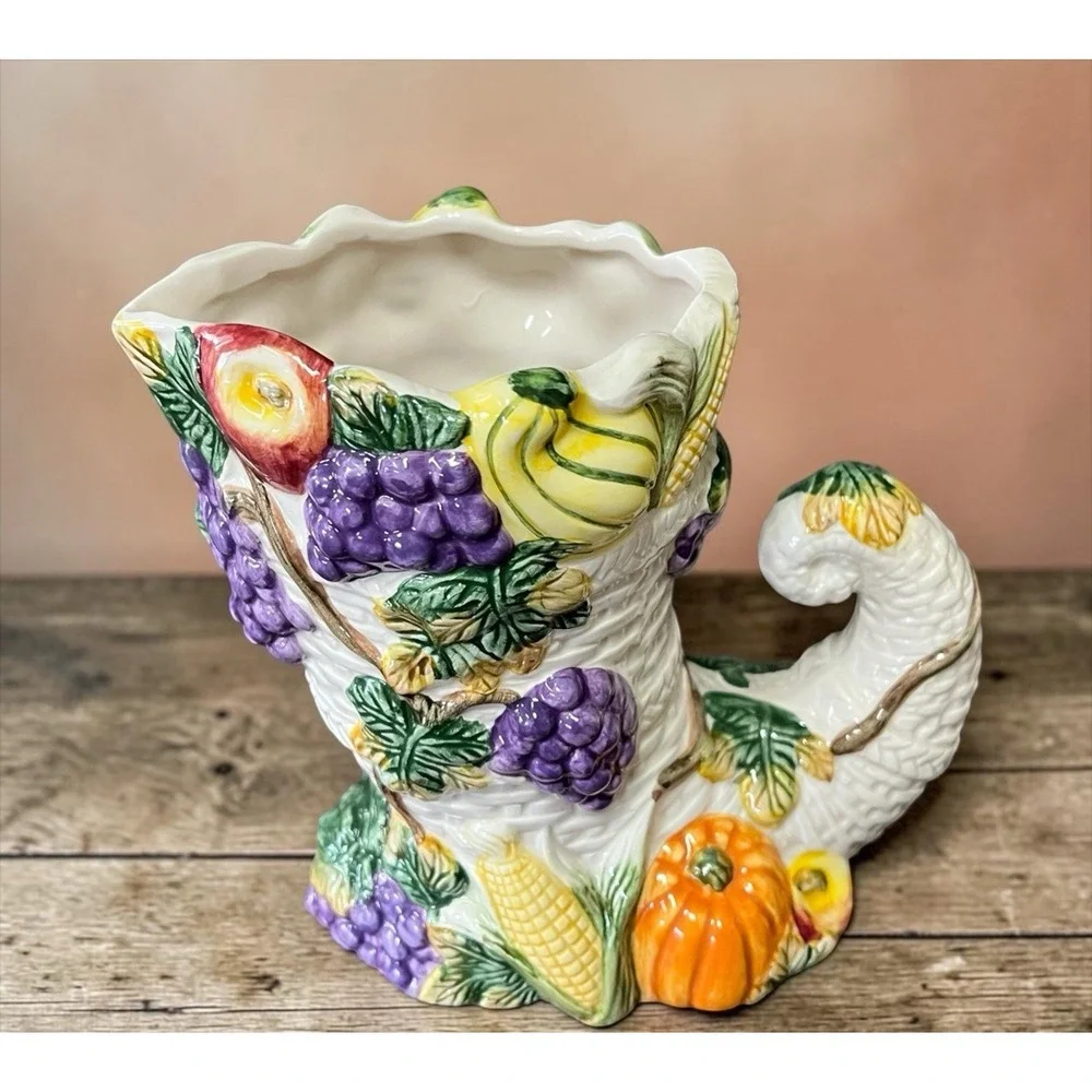 Fitz & Floyd Omnibus Harvest Beauty Cornucopia Vase Pumpkins Fruit Vegetables